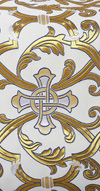 Парча "Кованый крест" (белая/золото с серебром, с синим)
