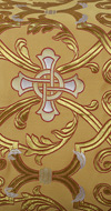 Парча "Кованый крест" (жёлтая/золото с серебром, с красной обводкой)