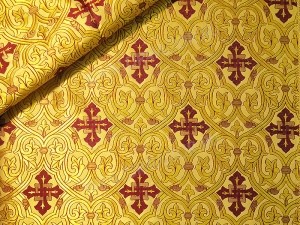 Парча греческая "Славянский крест" (жёлтая/золото с бордо)